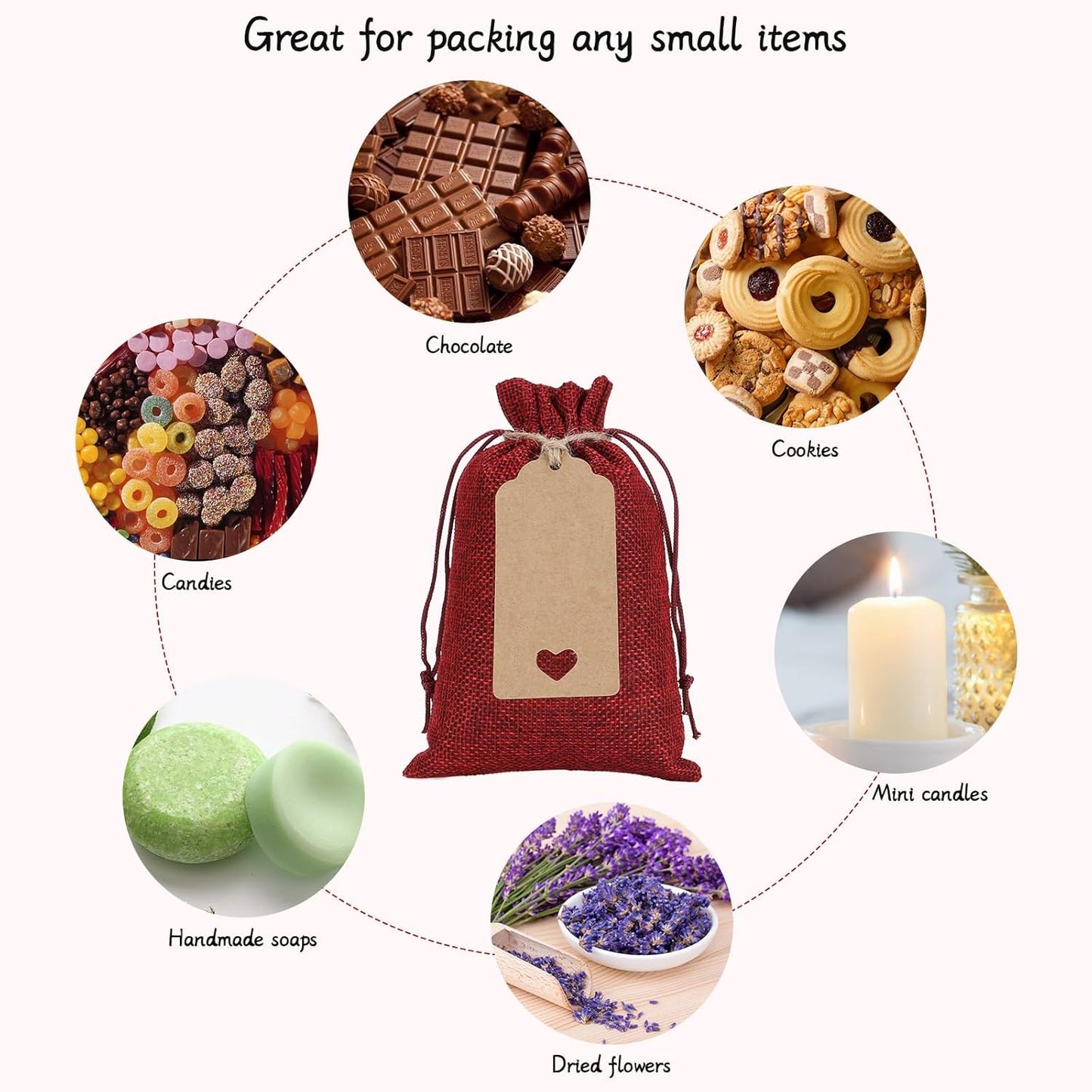 Tapleap Red Small Gift Bags with Drawstring - 30Pcs 4x6 Burlap Sacks for Wrapping Christmas or Thanksgiving Favors, Soap, Jewelry, Crosses Games, Ball Sets, For Small Business, Birthday, Wedding