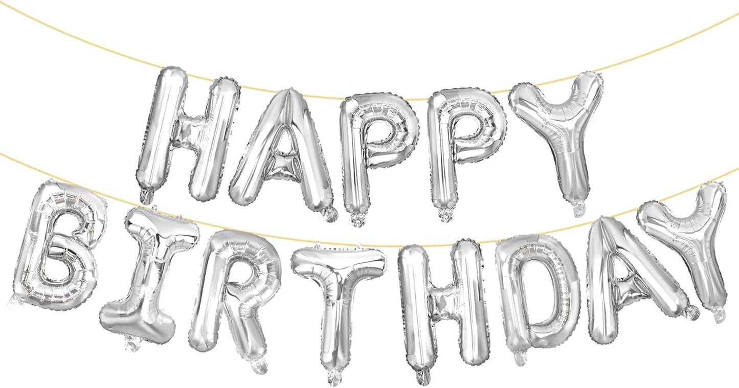 LIOZEOKUN Happy Birthday Balloon Letters 16 inch Mylar Foil Birthday Balloons Banner Sign for Birthday Party Decorations Supplies (Silver)
