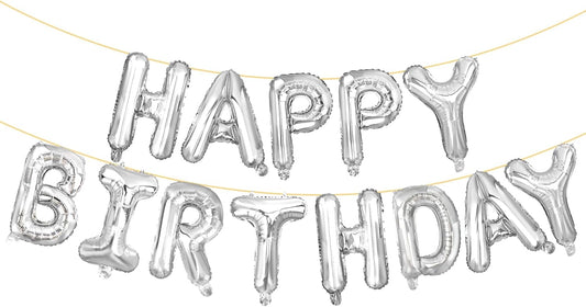 LIOZEOKUN Happy Birthday Balloon Letters 16 inch Mylar Foil Birthday Balloons Banner Sign for Birthday Party Decorations Supplies (Silver)