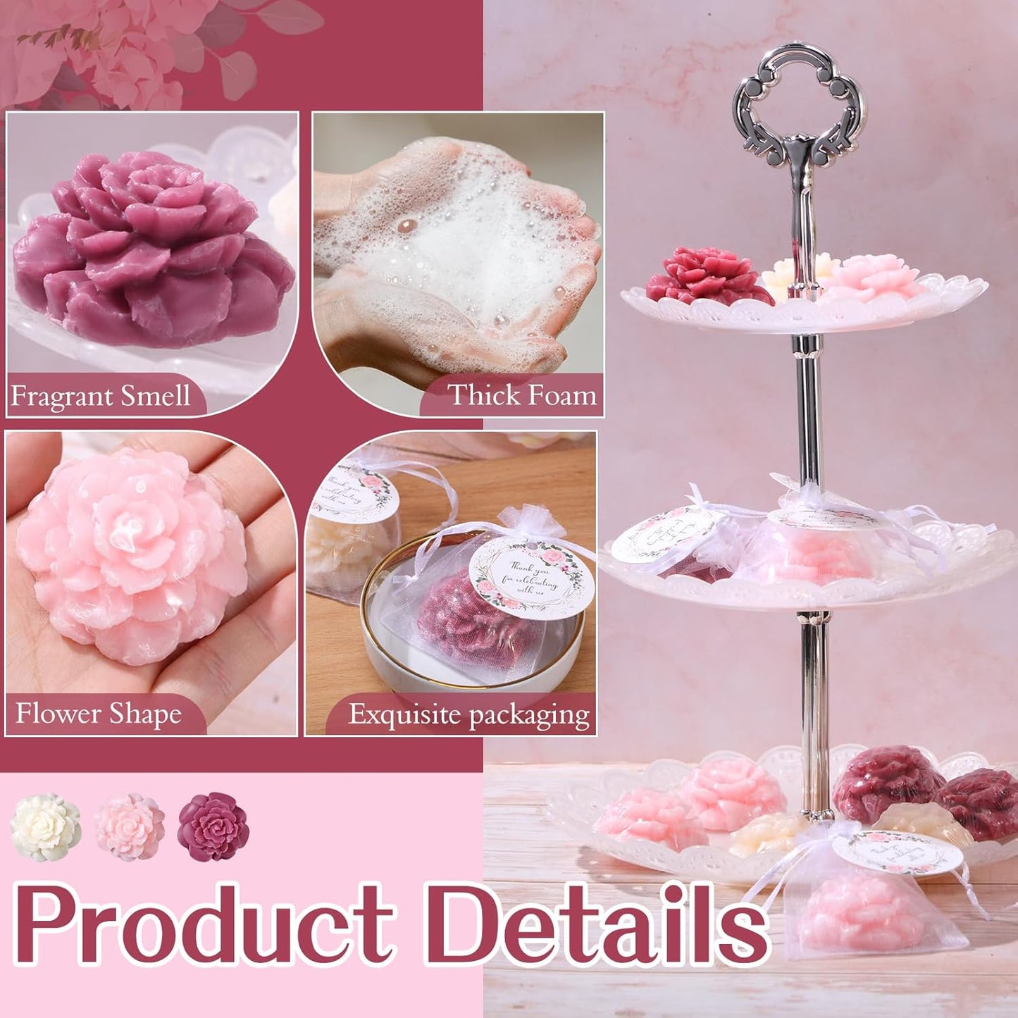 Demissle 24 Set Flower Mini Soaps for Guests Flower Soap Wedding Handmade Gift Favors Fancy Decorative with Thank You Tags for Wedding Bridal Guest Gift Party Favor(Rose)