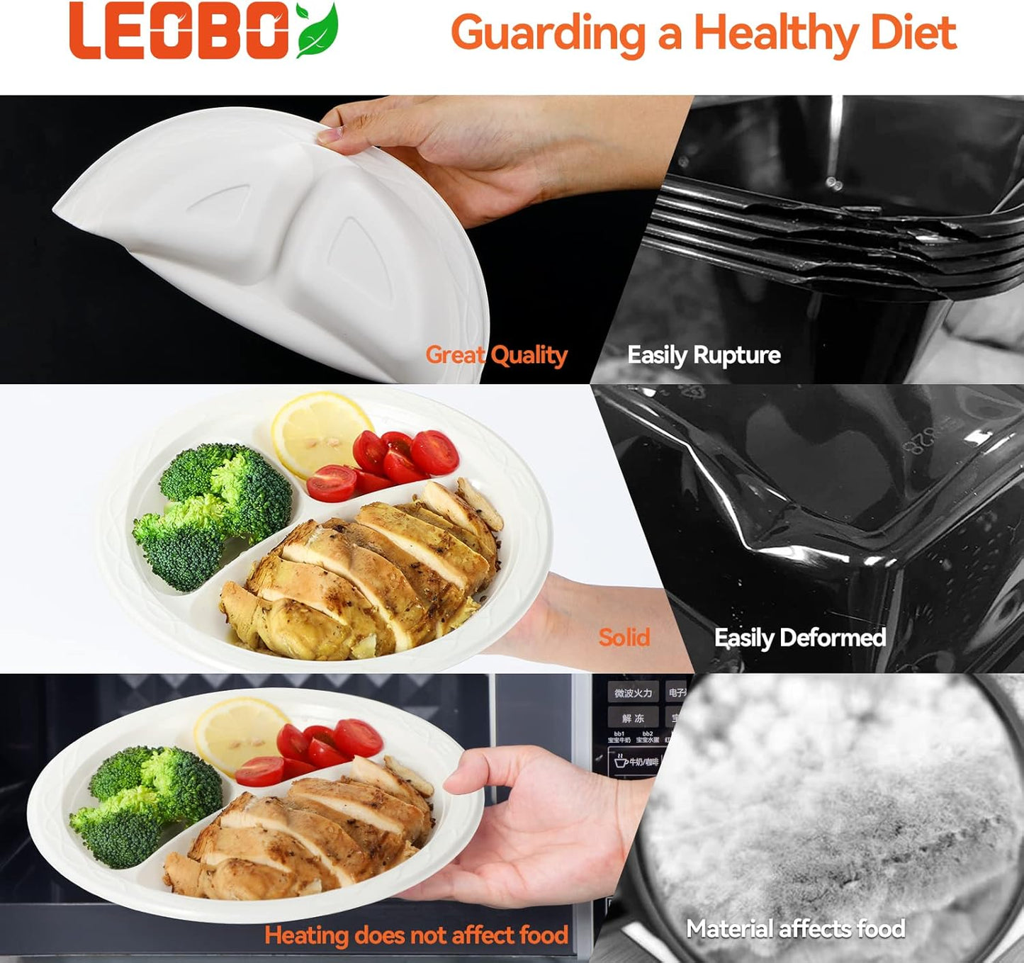 Party Plates Mineral Filled PP Plastic 9" - 150 Pack Shrink Wrap BPA Free Dinner Tray | Dishwasher & Microwave Safe | 3 Compartment Heavy Duty White Reusable & Disposable Plate for Catering