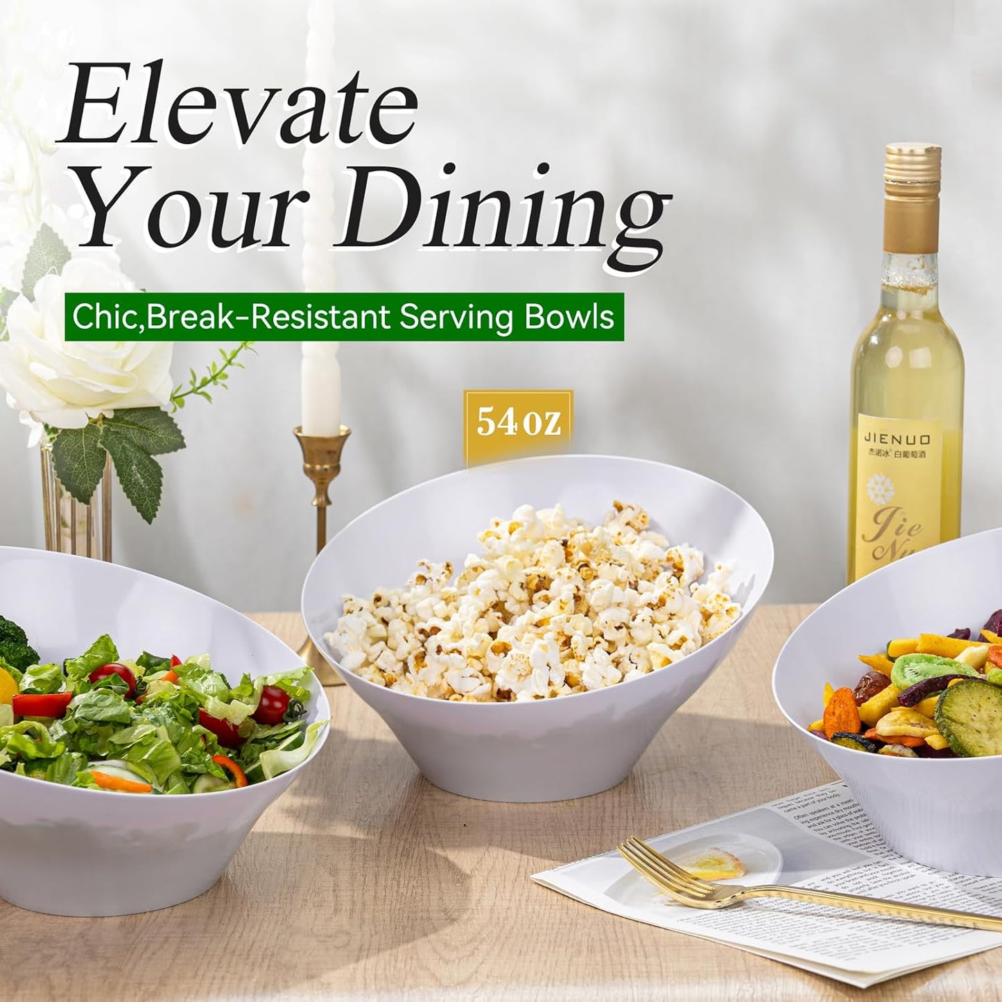 Liacere 16PCS White Plastic Serving Bowls - 54 OZ Angled Table Salad and Fruit Bowls - Disposable for Chip&Candy - Ideal for Party & Wedding & Halloween