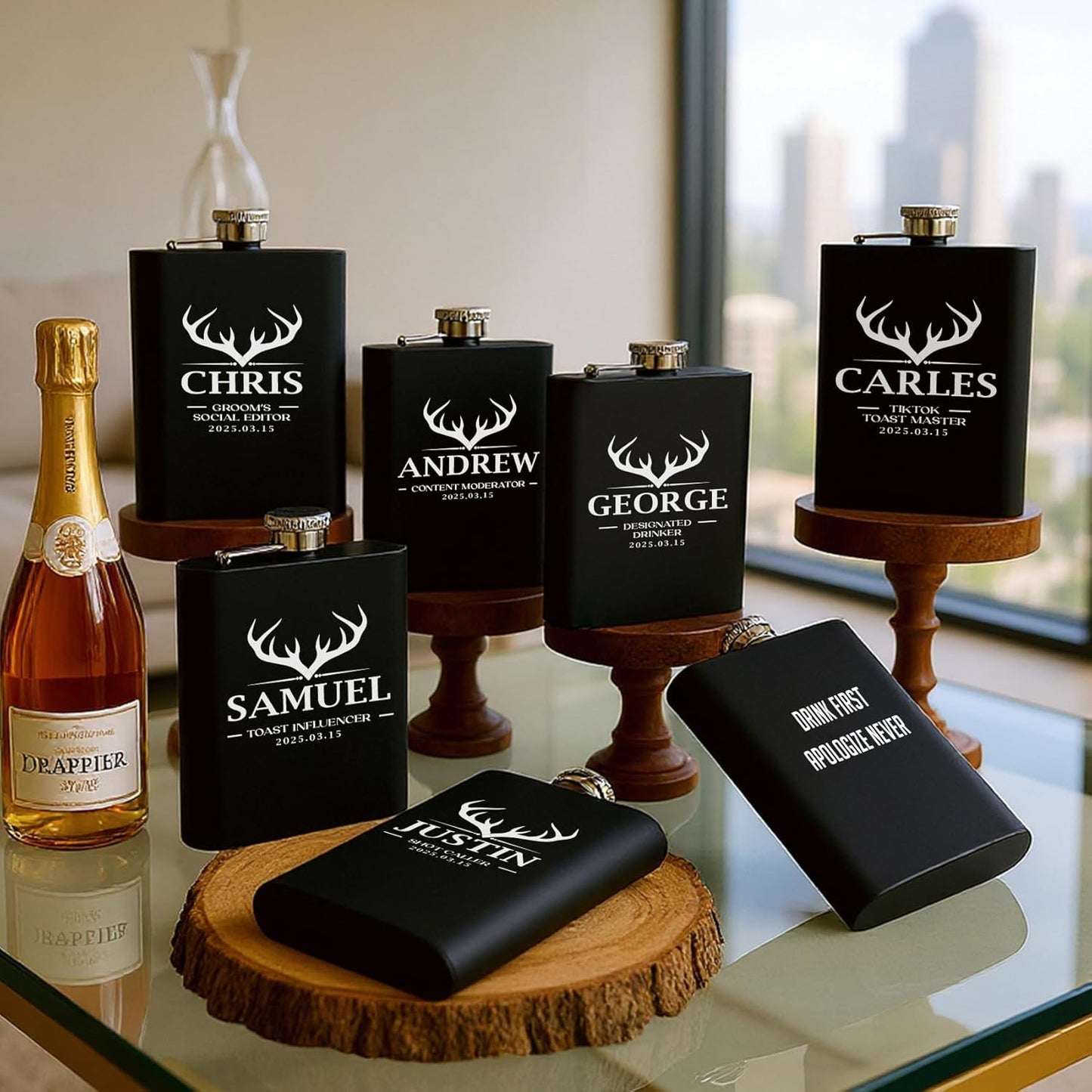 ELEGANTPARK Personalized Groomsmen Gifts for Wedding Custom Flask Monogram Groomsmen Proposal Gifts Bachelor Party Favor for Groom Best Man Stainless Steel 8 OZ Black Hip Flask for Liquor 1 PCS