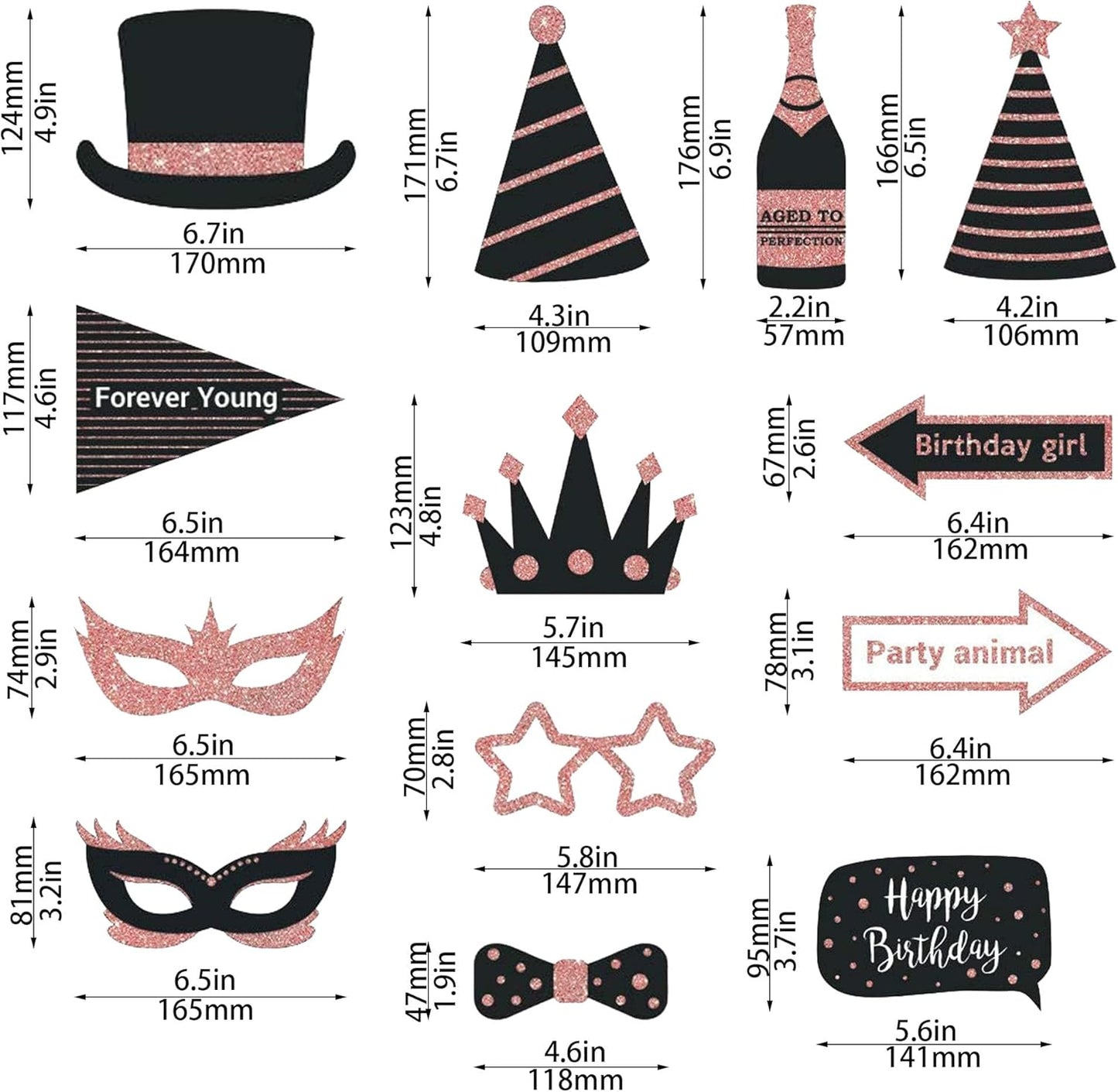 Party Birthday Photo Booth Props, 30Pcs Set of Happy Birthday Selfie Party Supplies with Real Glitter Cute Bday Designs for Women or Girls,Easy to Assemble(Rose Gold)