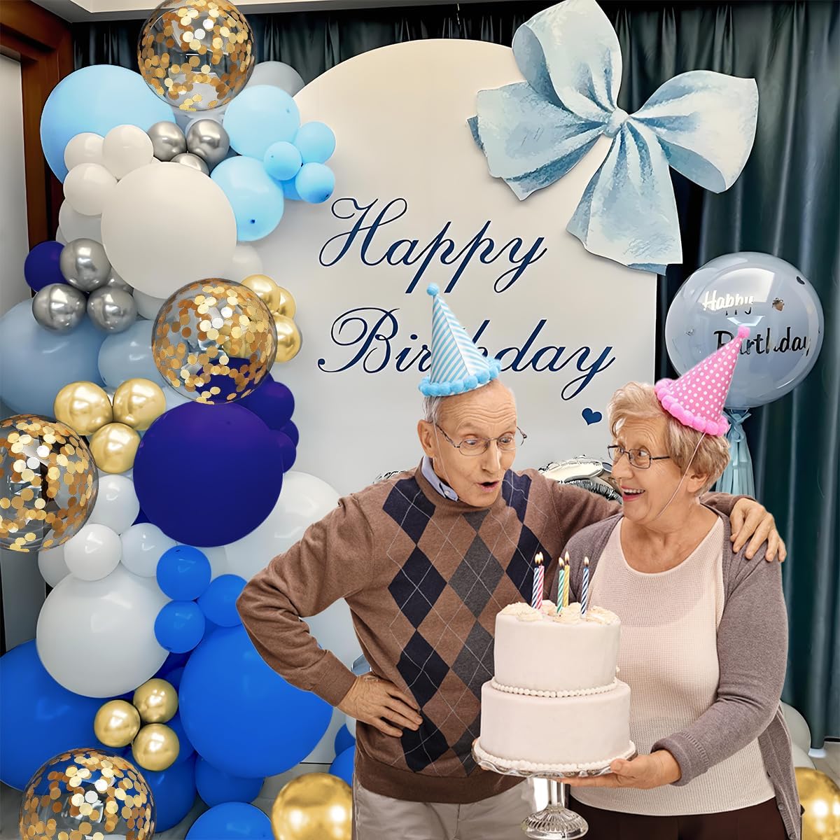 Navy Blue White Gold Balloon Garland Arch Kit, 147PCS Royal Dark Pastel Blue White Gold Balloons with Confetti for Birthday Party Baby Shower Wedding Graduation Decorations