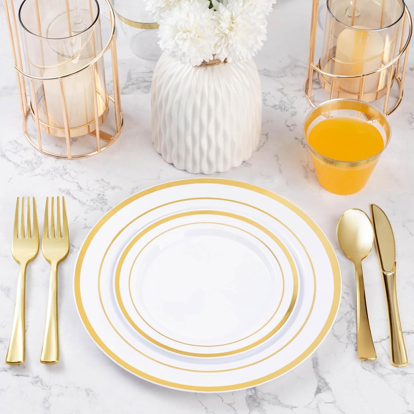 BESTVIP 300PCS Gold Plastic Plate Set (50 Guests), Plastic Plates for Party Wedding Birthday, Disposable Dinnerware Set of 100 Plates, 100 Forks, 50 Spoons, 50 Knives for Christmas, Thanksgiving