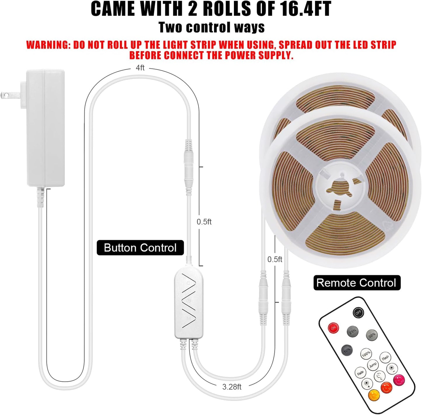 32.8ft 3000K Bright COB LED Strip Light, Dimmable, Warm White, Indoor, RF Remote, Adhesive, for Living Room, Shelf, Cabinet, Kitchen, 2 Rolls of 16.4ft