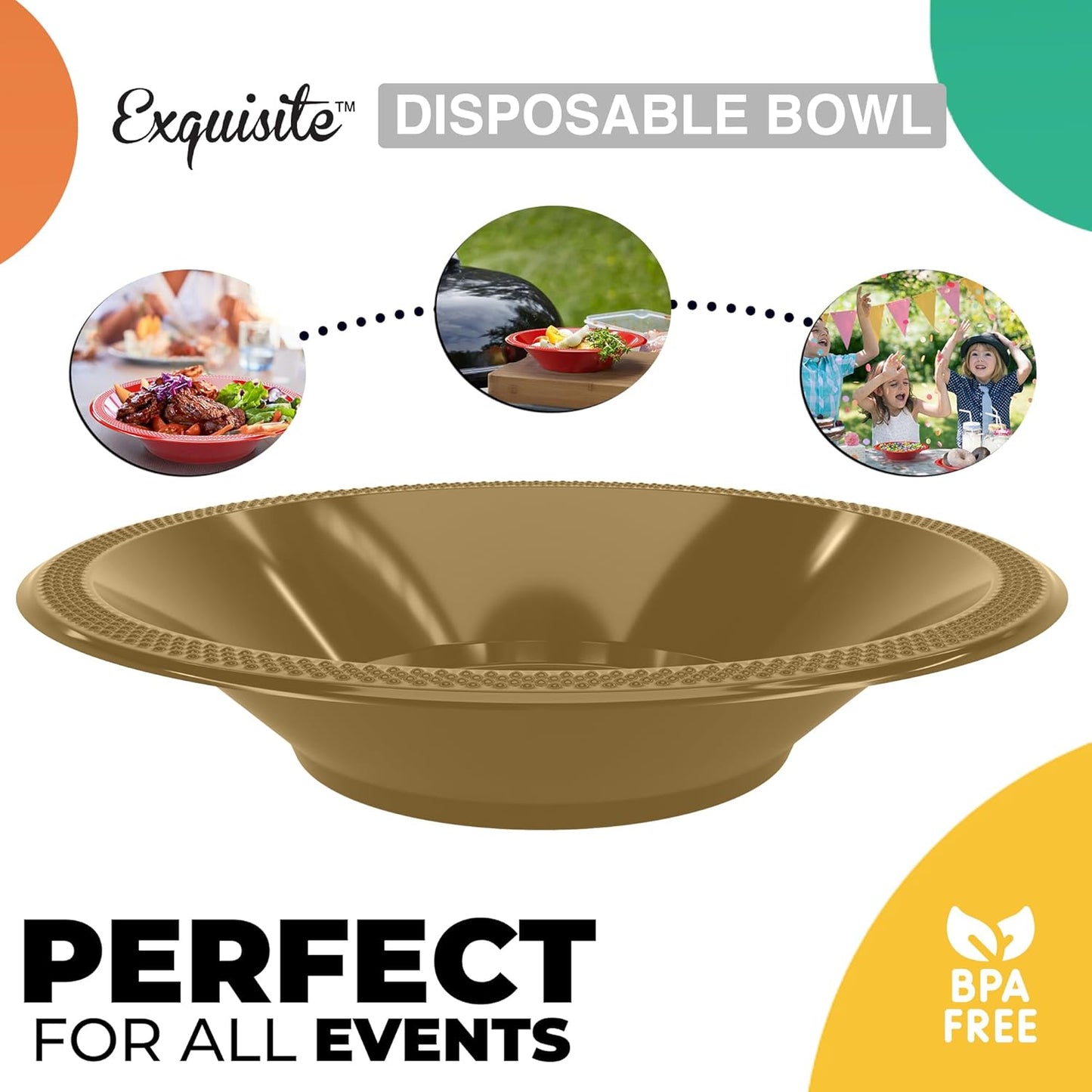 Party Solids 12 Oz Gold Plastic Bowls Disposable Bowls for Hot Food Soup 50 Pieces - For Soup, Salad, Cereal, Desserts & Party Supplies