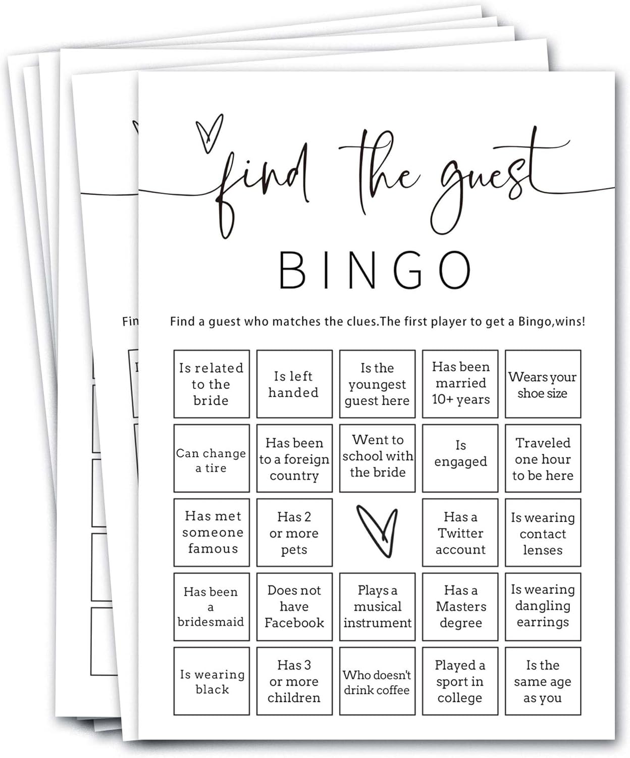 Bridal Shower Bingo, 25Pcs Prefilled Find The Guest Bingo Game Cards, Engagement Party Games for Guests, Minimalist White Wedding Party Supplies - A19