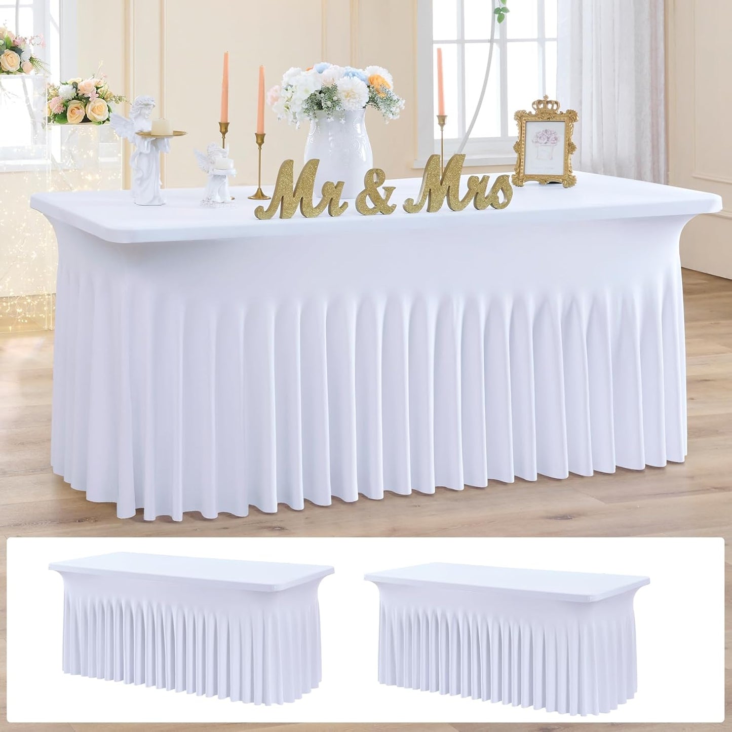 NSSONBEN 2 Pack White Spandex Tablecloth 6ft with Pleats Skirt, Wrinkle Free High Stretch Fitted Tablecloths for 6 Foot Rectangle Tables, Elastic Spandex Table Covers 6ft for Parties Weddings Banquet