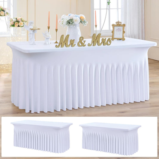 NSSONBEN 2 Pack White Spandex Tablecloth 6ft with Pleats Skirt, Wrinkle Free High Stretch Fitted Tablecloths for 6 Foot Rectangle Tables, Elastic Spandex Table Covers 6ft for Parties Weddings Banquet
