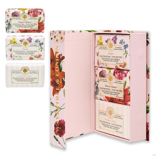 Wavertree & London Natural Soap Bars Gift Set (Set of 3), Assorted Floral Scented Bar Soap Gift Box for Women & Men, Moisturizing & Pure Triple Milled Luxury Bath Soap Bars enriched with Shea Butter