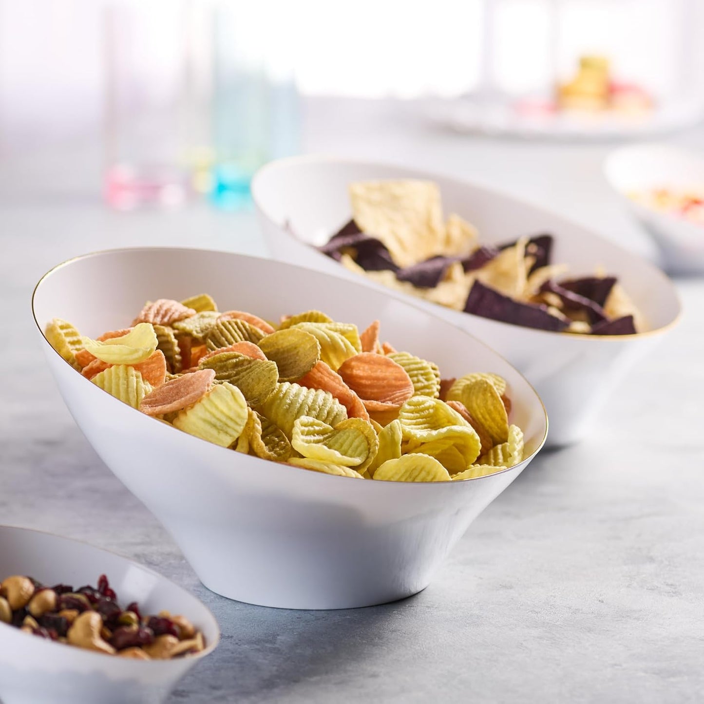 PLASTICPRO Angled Plastic Bowls Disposable Large Plastic White Serving Bowls with Gold Rim for Party for Appetizer Salads Pack of 4