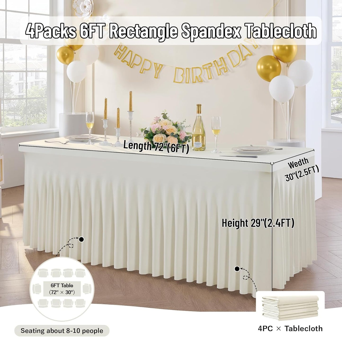 leegleri 4 Pack Ivory Spandex Table Clothes for 6 Foot Rectangle Tables, Wrinkle Free Fitted Table Cover 6ft Stretch Tablecloths with Skirt for Parties Weddings Birthday Banquet Baby Shower