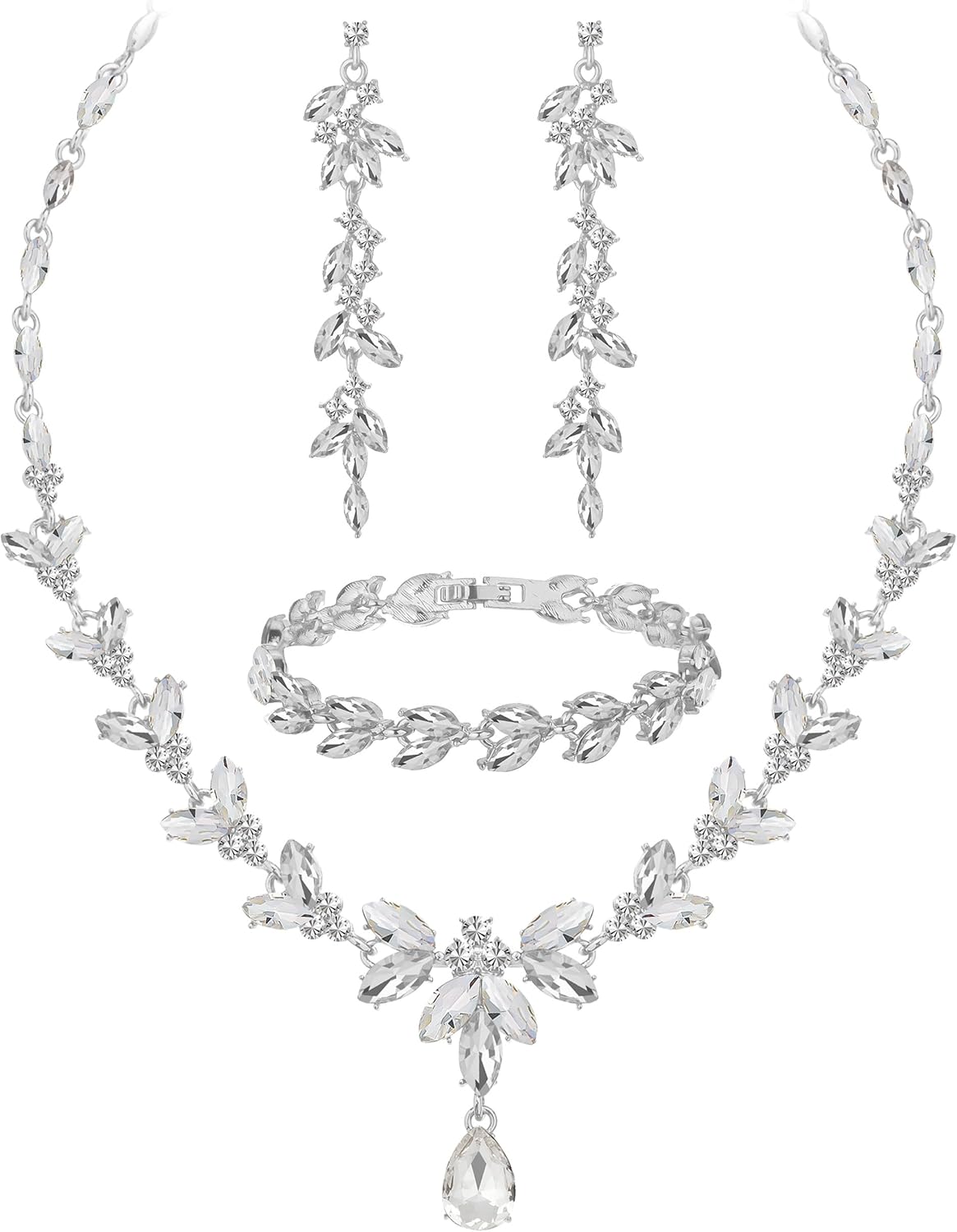 Wedding Jewelry Sets for Bride Bridesmaid Bridal Jewelry Set for Women Wedding Crystal Necklace Earrings Bracelet Set for Party Prom Jewelry