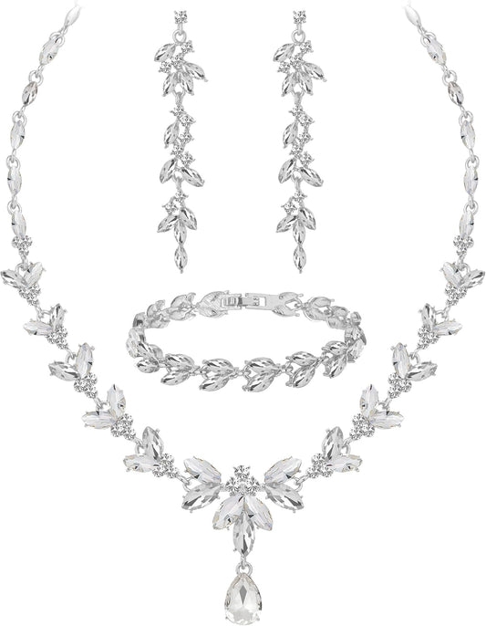 Wedding Jewelry Sets for Bride Bridesmaid Bridal Jewelry Set for Women Wedding Crystal Necklace Earrings Bracelet Set for Party Prom Jewelry