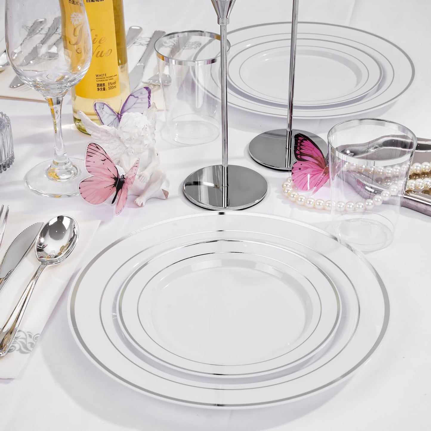 Supernal 200pcs Silver Plastic Dinnerware Sets for 25 Guests included Silver Silverware Set & Plastic Plates heavy duty Disposable Cups and Paper Napkins Disposable for Party Birthday and Wedding