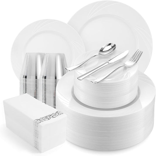 700-Piece White Swirls Plastic Dinnerware Set for 100 Guests, Elegant Disposable Dinnerware for Party, Wedding. Includes 10.25" Dinner Plates, 6.5" Dessert Plates, Silverware, Napkins, Cups