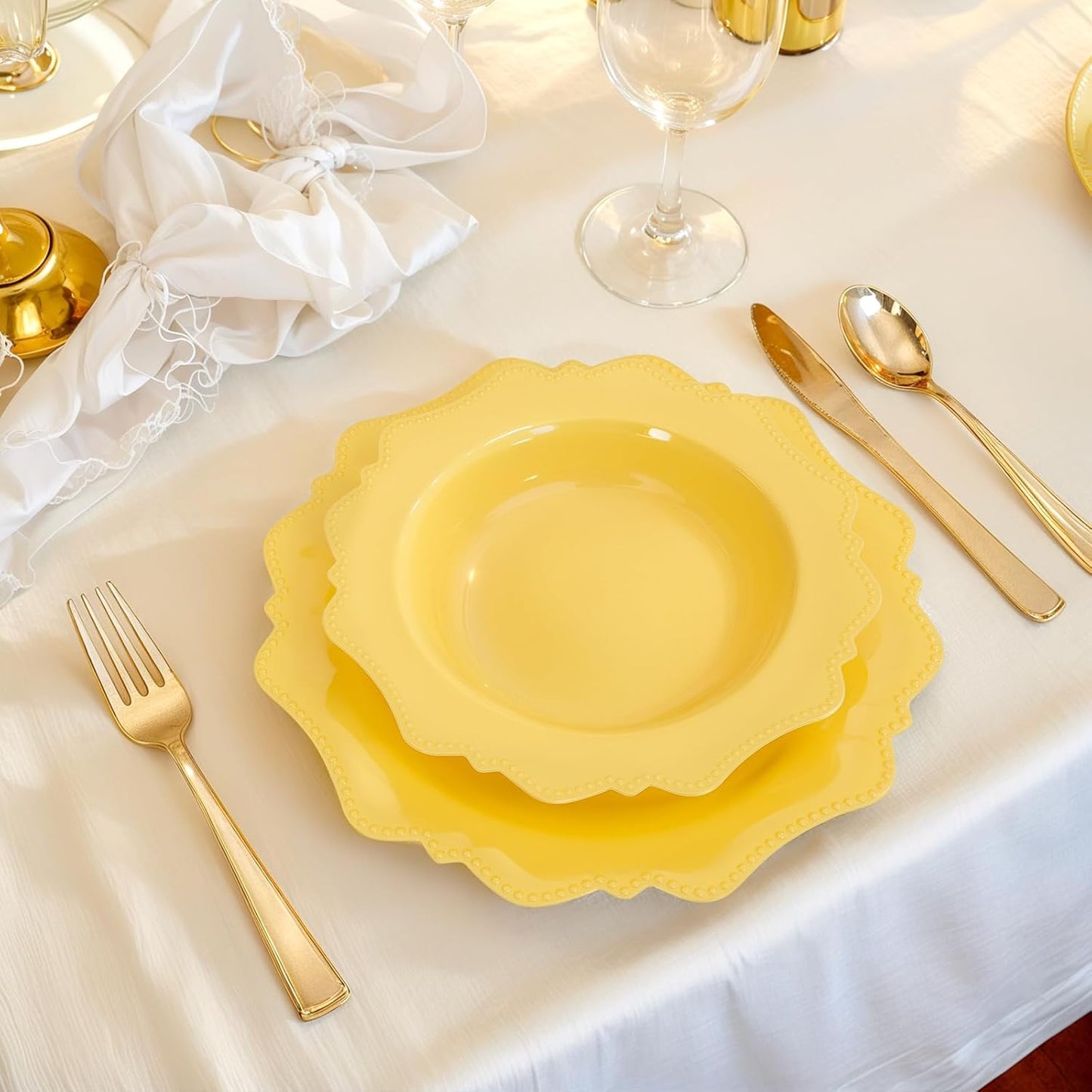 COLOSUS Yellow Plastic Party Bowls (60 Pack) 12 Oz Disposable Soup/Salad Bowl, Fancy Shatterproof Dinnerware for Easter, Catering, Holidays, Weddings, and Everyday Use