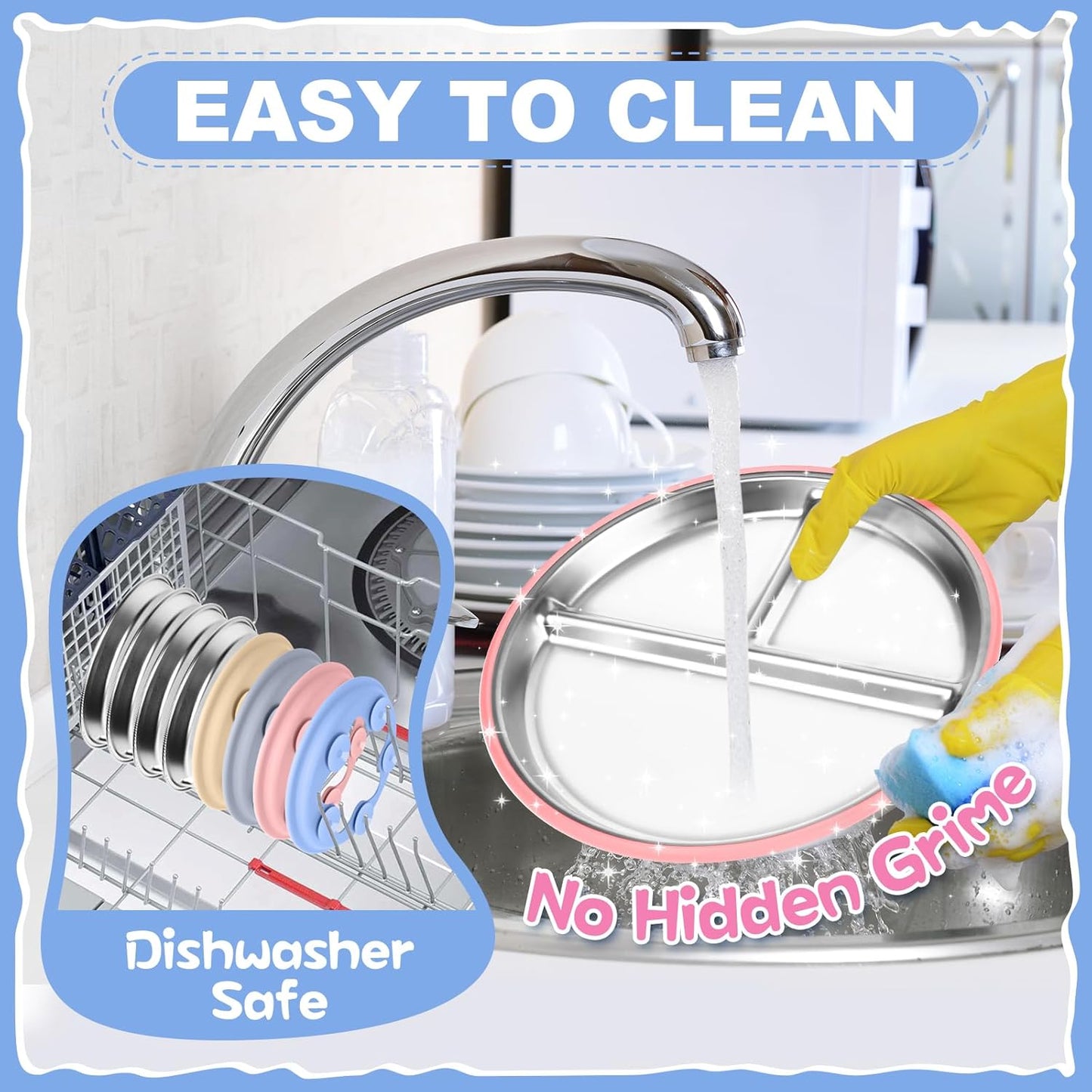 OVV Stainless Steel Kids Plates (2 Pack) 9 Inch Toddler Divided Plates with ﻿Removable Silicone Sleeves & 5 Suction Cups Baby Self Feeding | Mess-Free Mealtime | Dishwasher Safe