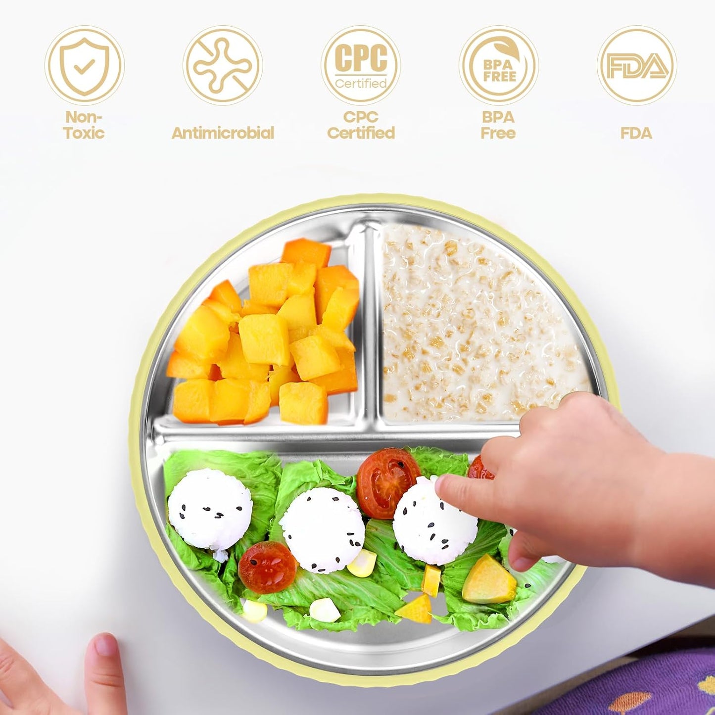 Stainless Steel Kids Plates with Suction, 3Pack 9" Divided Toddler Plates Removable Non Slip Silicone Sleeves Baby Feeding Led Weaning Supplies, BPA Free, Unbreakable Dishwasher Safe