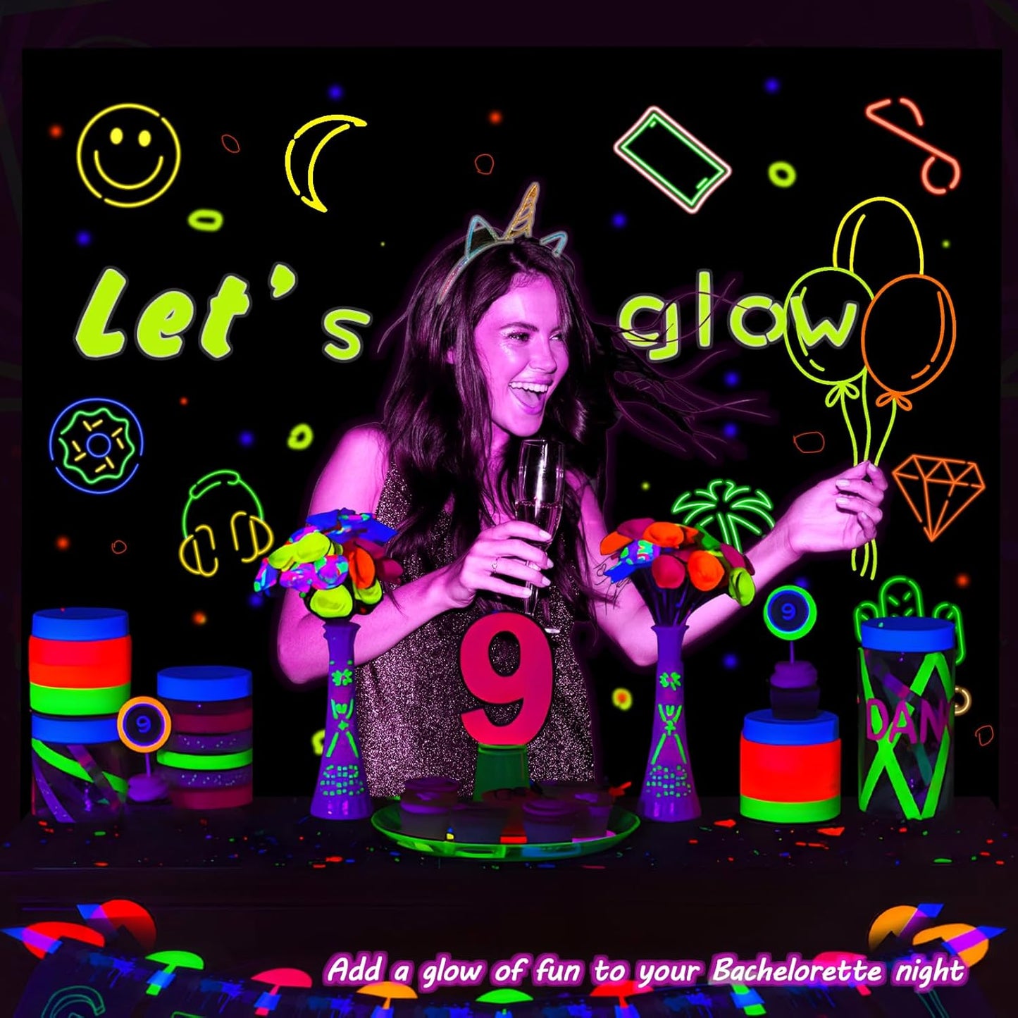 Mega-L Glow In The Dark Party Supplies, Neon Halloween DIY party decorations with 4 fluorescent colored pens, Let’s Glow Photography Background Birthday Graffiti Black Light Photo Booth (5.2x5.9 feet)