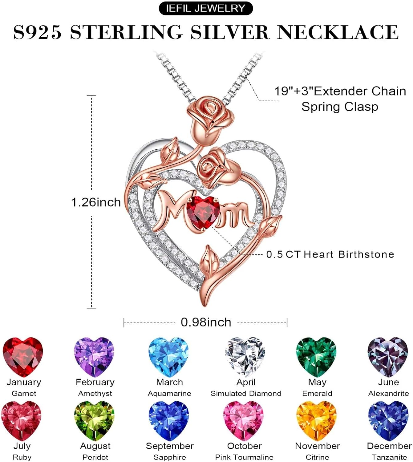 Iefil Christmas Gifts for Mom- 925 Sterling Silver Necklace, Rose Heart Birthstone Necklace, Stocking Stuffers for New/Step/Bonus Mom/Mother in Law