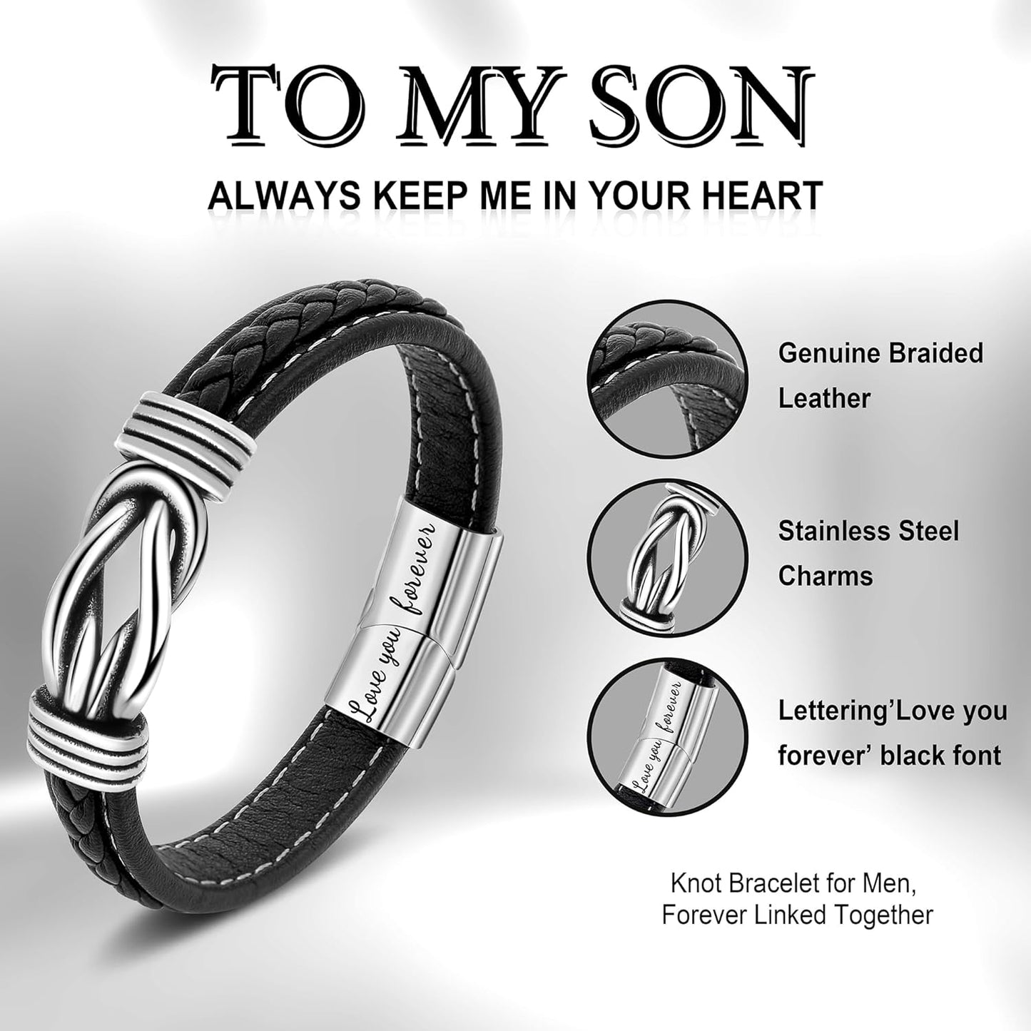𝗞𝗻𝗼𝘁 𝗕𝗿𝗮𝗰𝗲𝗹𝗲𝘁 𝗚𝗶𝗳𝘁𝘀 𝗳𝗼𝗿 𝗠𝗲𝗻 Brown Braided Leather Stainless Steel Infinity Bracelets Lettering Love You Forever Gifts for Son Grandson Husband Boyfriend Brother Always Linked Together