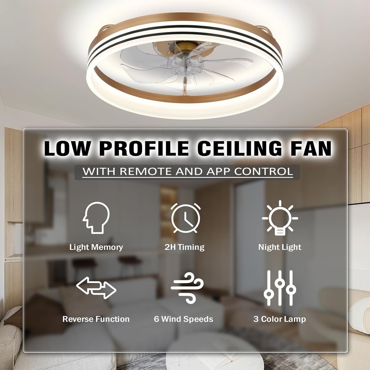 Ceiling Fans with Lights and Remote 20" Dimmable Fandelier LED Fan Light Modern Ceiling Fan, Low Profile Flush Mount Ceiling Fan Lights for Bedroom Kitchen and Living Room(Gold)
