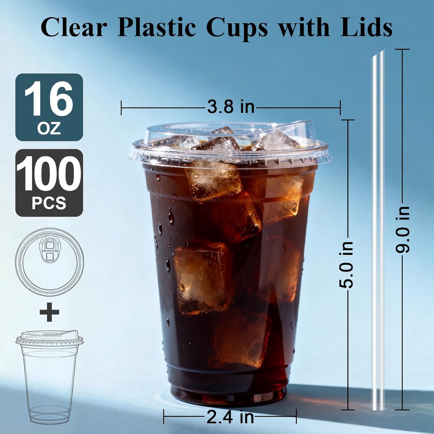 Goodluck 100 Pack 16 oz Clear Plastic Cups with Lids - Disposable Iced Coffee Cups with lids for Party Drinks Smoothies, Juices, and More - Straws Included, BPA Free & Food Safe