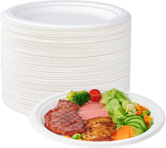 ECOLipak 100% Compostable 10 Inch Heavy Duty Paper Plates, 150 Pack Disposable Biodegradable Eco-friendly Sugarcane Bagasse Plates for Thanksgiving Party(White)