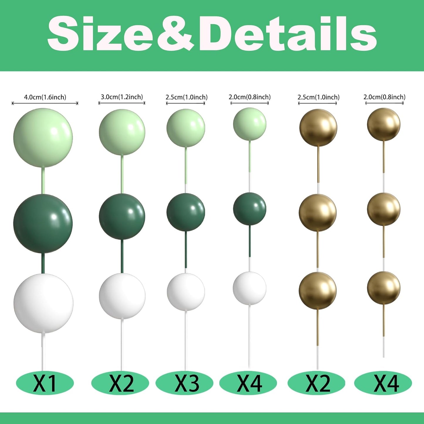 36 Pack Balls Cake Topper Decorations Foam Balloons Cake Decorations Sticks Mini Balloons Cake Toppers Balls Cake Picks for Baby Shower Wedding Anniversary Birthday Party Decorations Green White Gold