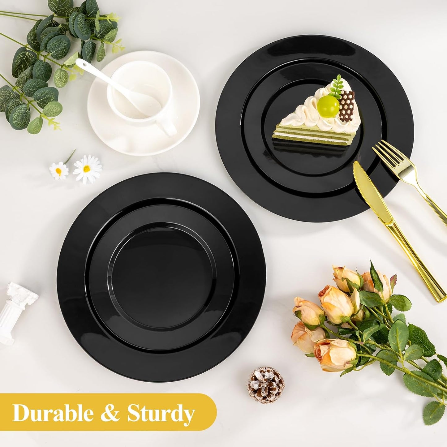Goodluck 200PCS Black Plastic Plates, Heavy Duty Disposable Gold Plates with 100 10.25 inch Dinner Plates and 100 7.5 inch Dessert Plates for Party, Holiday, Wedding, Thanksgiving