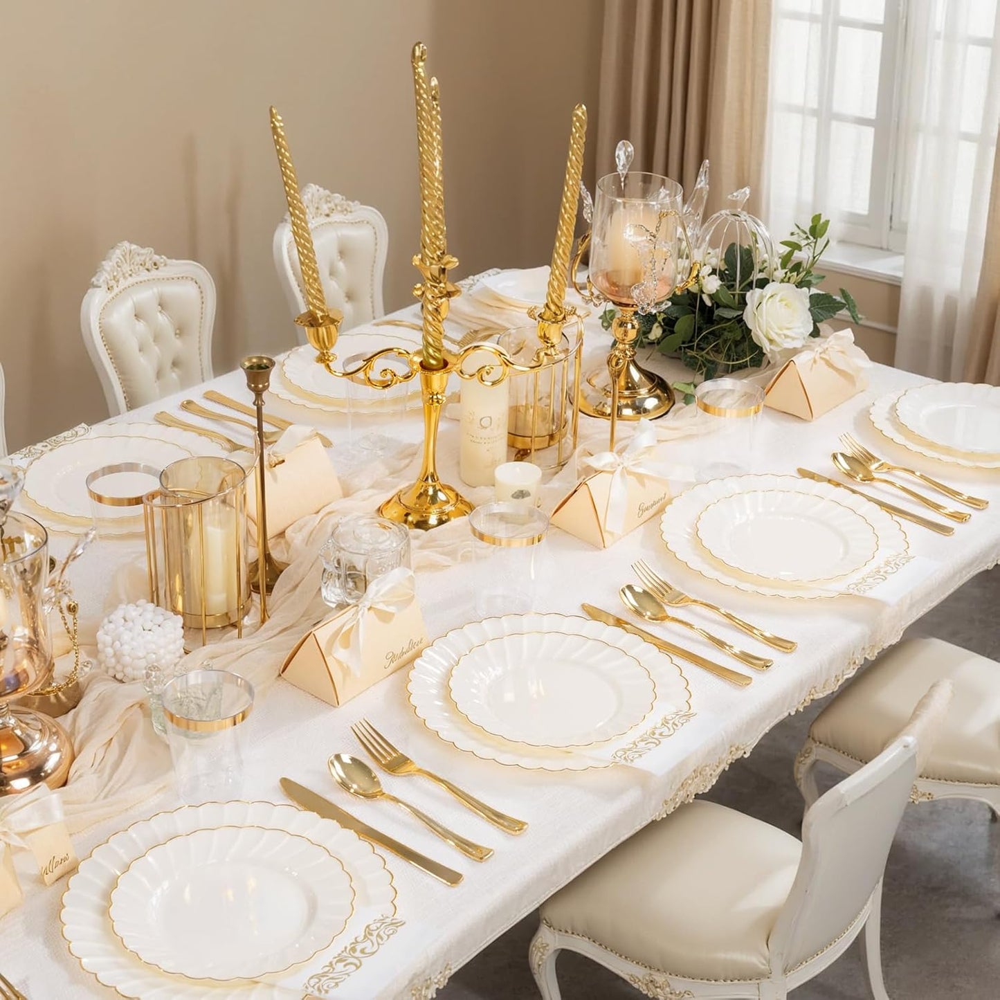 YOUBET 175PCS Ivory Scalloped Plastic Plates - Gold Disposable Dinnerware Set Include 50 Plates, 75 Gold Silverware, 25 Cups, 25 Napkins for Party & Wedding & Thanksgiving