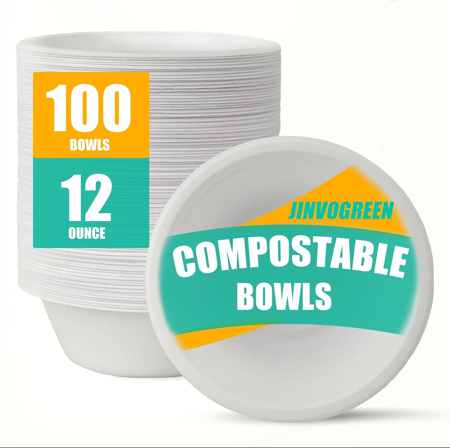 100 Count 12 oz Paper Bowls, Disposable Compostable Bowls, Heavy Duty Biodegradable Bagasse Bowl for Snacks, Soup, and Salads, White