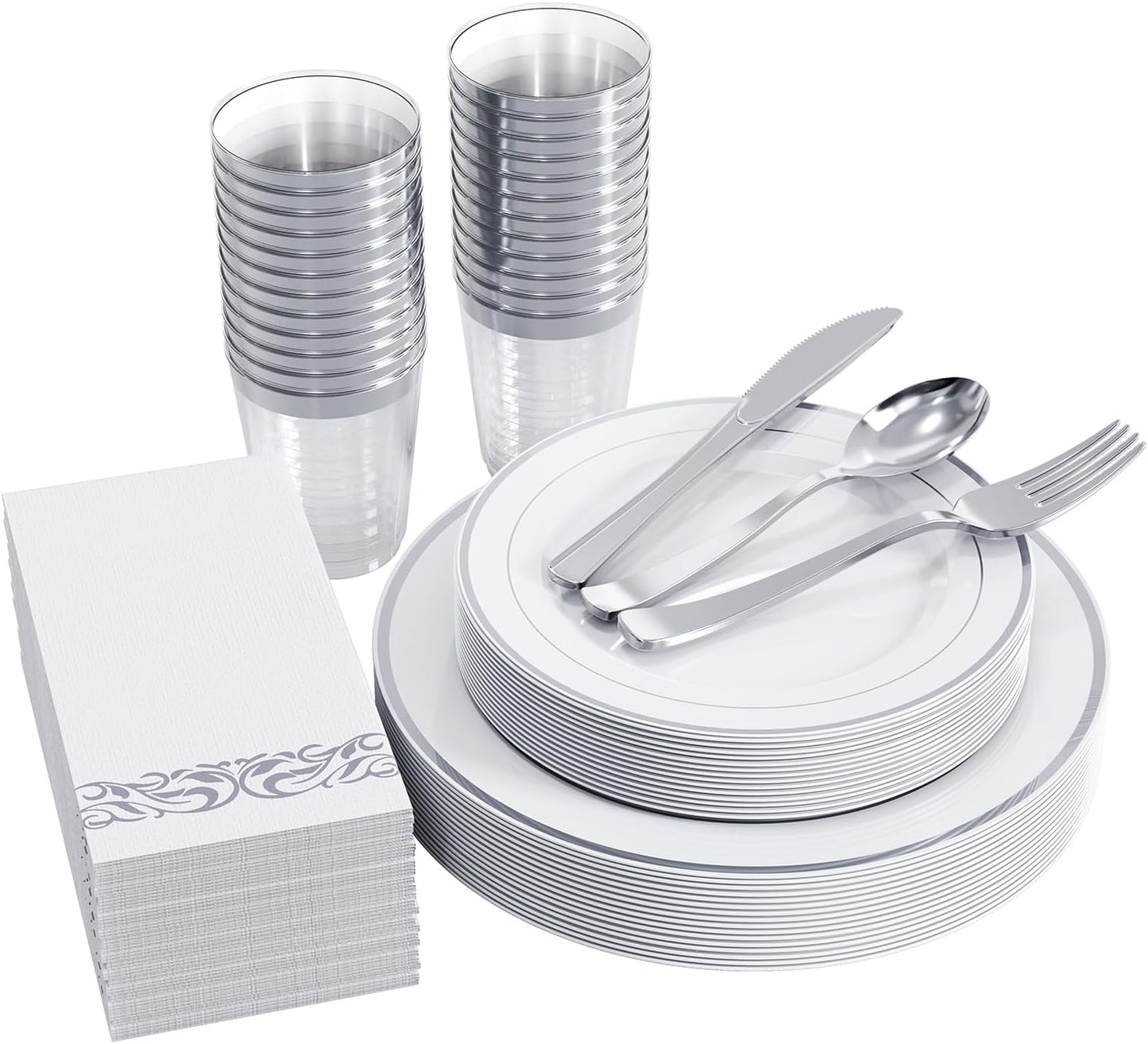 FOCUSLINE 175 Count Silver Dinnerware Set for 25 Guests - Silver Rimmed Disposable Plastic Plates Heavy Duty, Includes 25 Dinner & Salad Plates, Cups, Cutlery Set for Wedding Parties