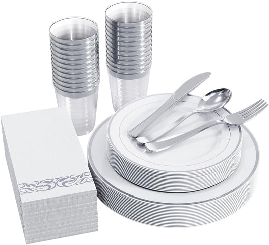 FOCUSLINE 175 Count Silver Dinnerware Set for 25 Guests - Silver Rimmed Disposable Plastic Plates Heavy Duty, Includes 25 Dinner & Salad Plates, Cups, Cutlery Set for Wedding Parties