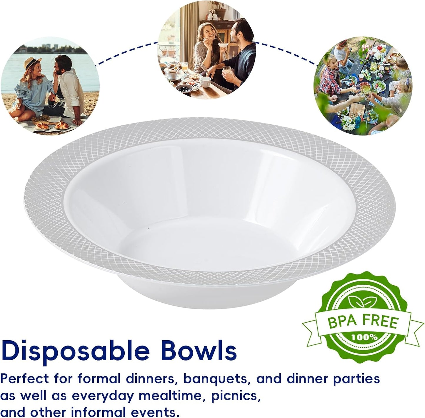 JOLLY CHEF 100 Pack Plastic Bowls with Silver Rim, 12 oz Disposable Soup Bowls, Heavy Duty Dessert Bowls for Weddings, Parties, Dinners, Catering, Thanksgiving and Everyday Use