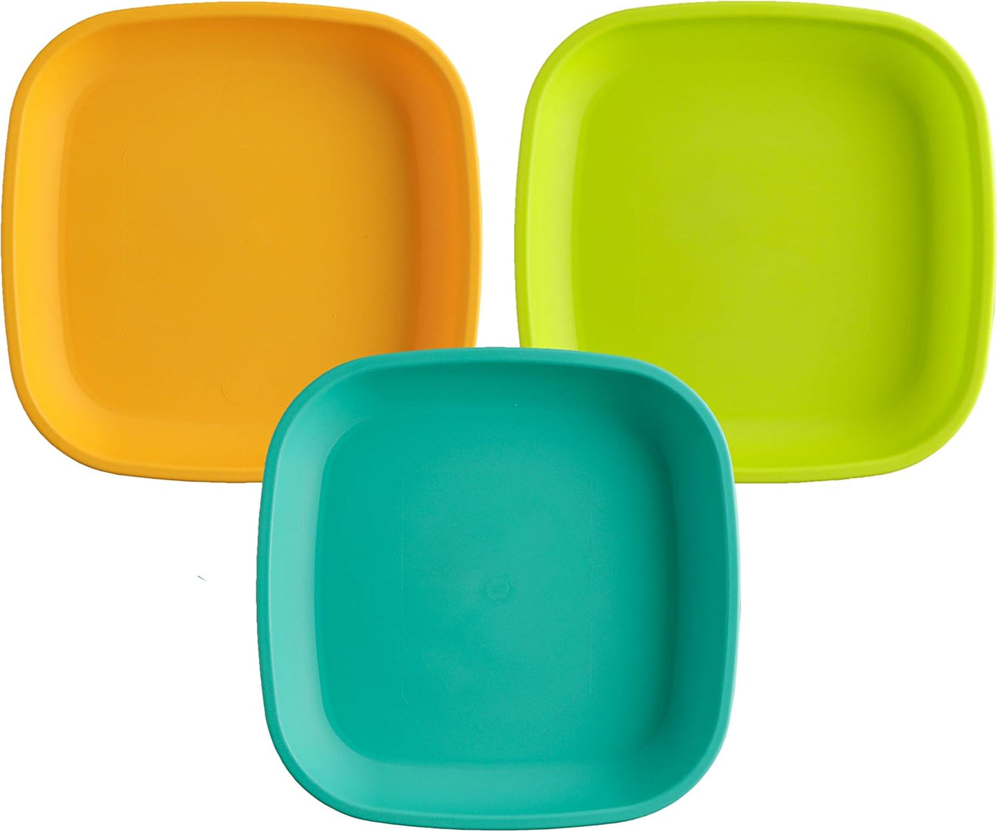 Re-Play Toddler Plates - 22 Oz. Deep-Walled Flat Kids Plates - Dishwasher & Microwave Safe - Made in USA - Set of 3-7.37" x 7.37" x 1.25" - Aqua Asst.