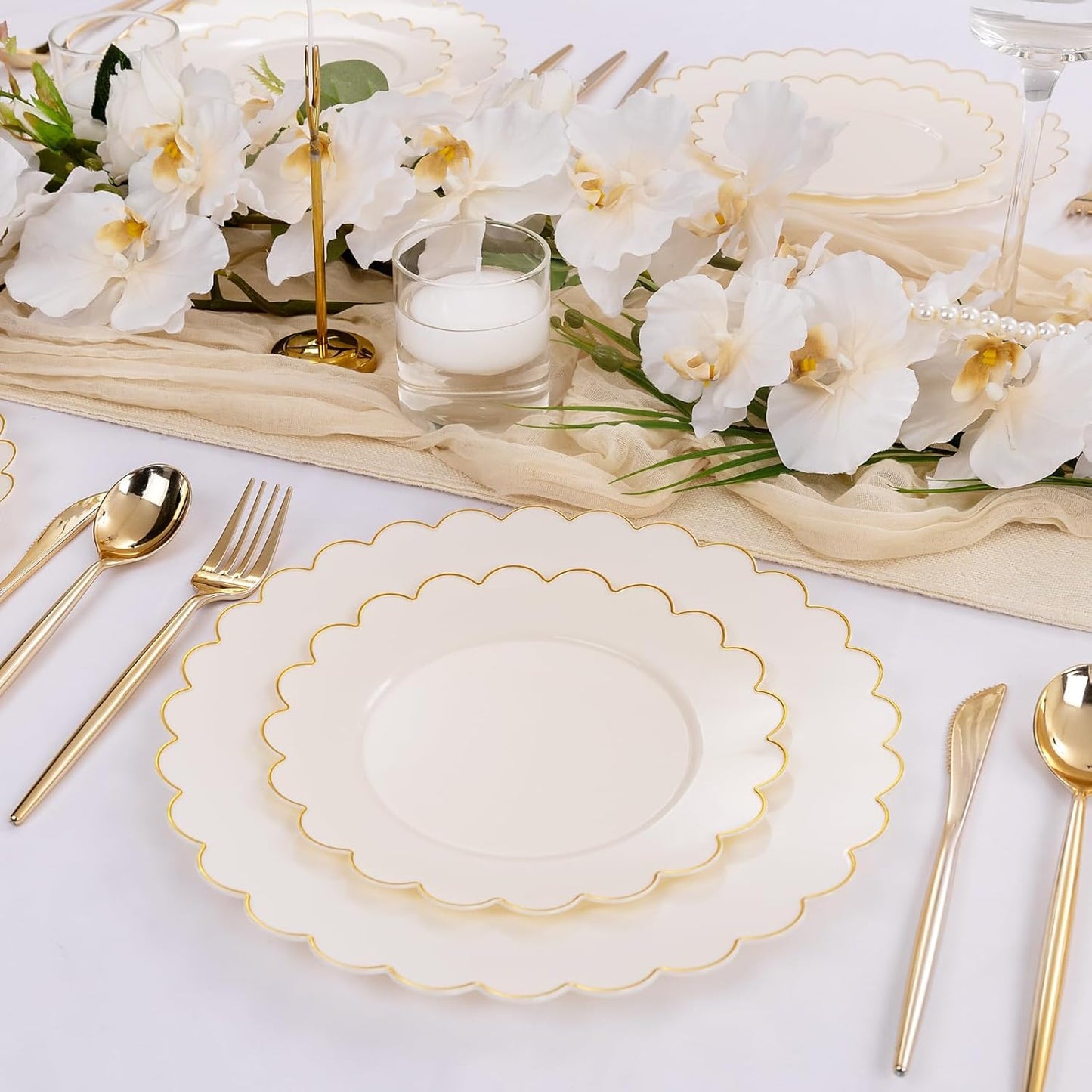LIYH 60 Pcs Ivory and Gold Scalloped Plastic Plates - Disposable Fancy Combo Plates Includes 30 Dinner Plate 10.25" and 30 Dessert Plate 7.5" Plastic Heavy Weight Party Tableware Dishes