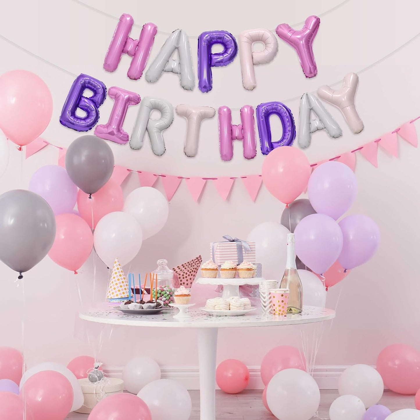 Purple Pink Happy Birthday Balloon Banner, 16 Inch Foil Mylar Happy Birthday Balloons Letters, Reusable Happy Birthday Sign, Pink and Purple Birthday Decorations for Women and Girls