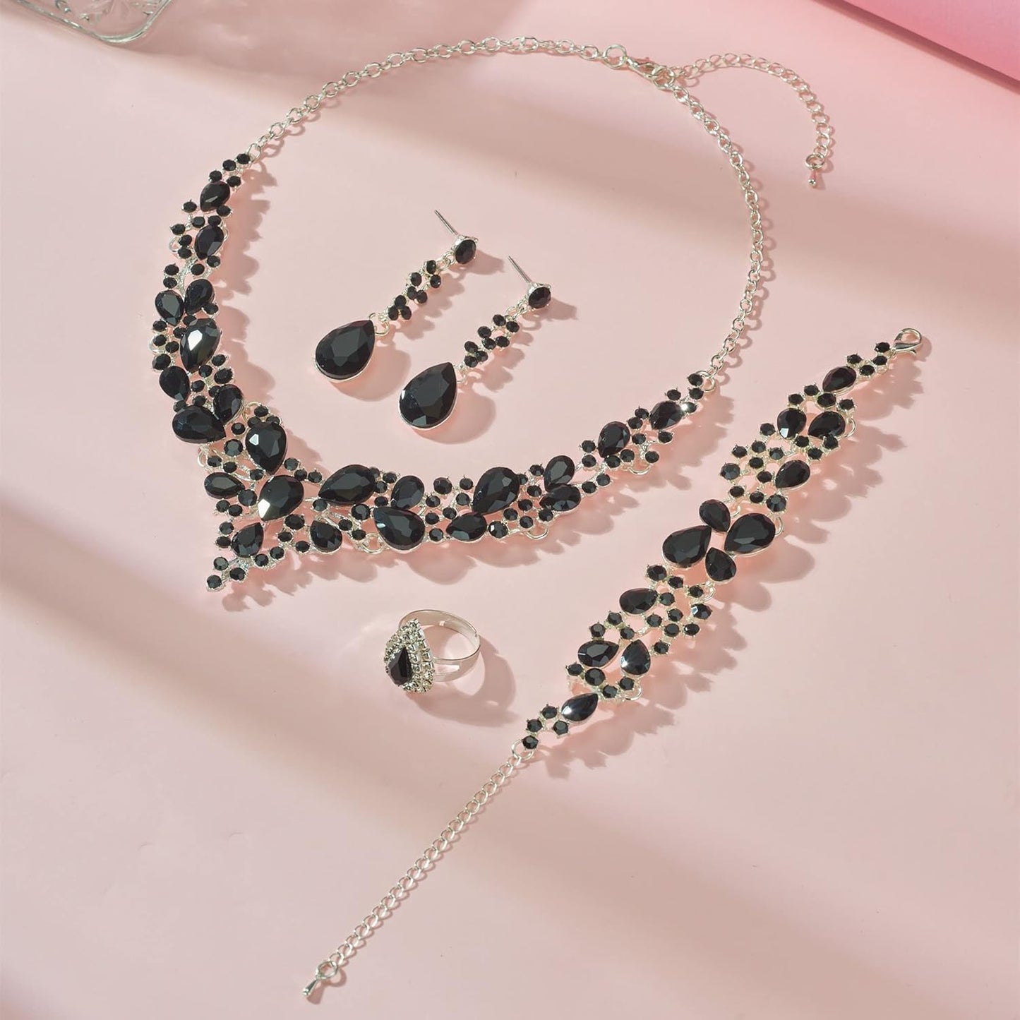 Crystal Bridal Wedding Jewelry Sets for Women Rhinestone Teardrop Crystal Statement Choker Necklace Drop Earrings Link Bracelets Rings Teardrop Jewelry Set for Brides Bridesmaids