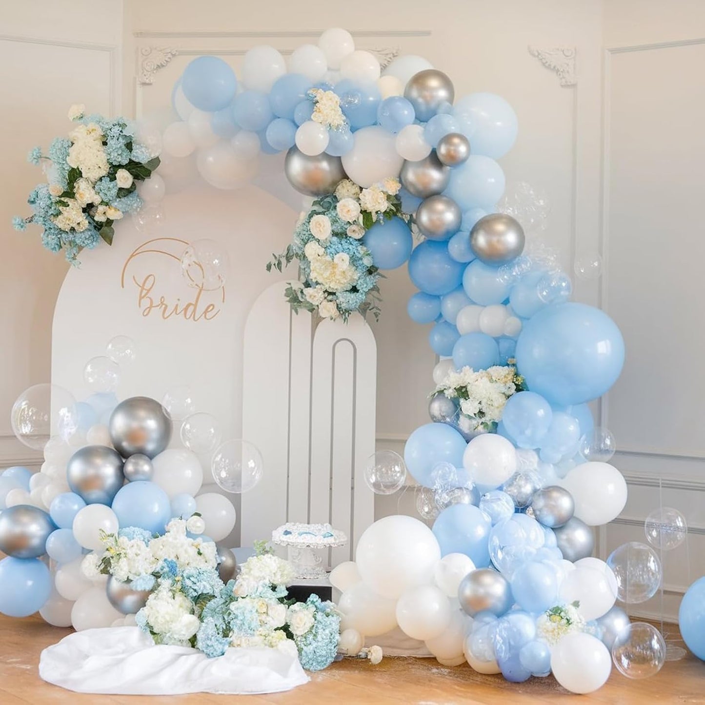 Blue and White Balloons, 12 Inch Baby Light Pastel Blue Pearl White Silver Metallic Clear Latex Helium Party Balloons for Boys Bridal Baby Shower Bachelorette Winter Holiday Birthday Party Decorations