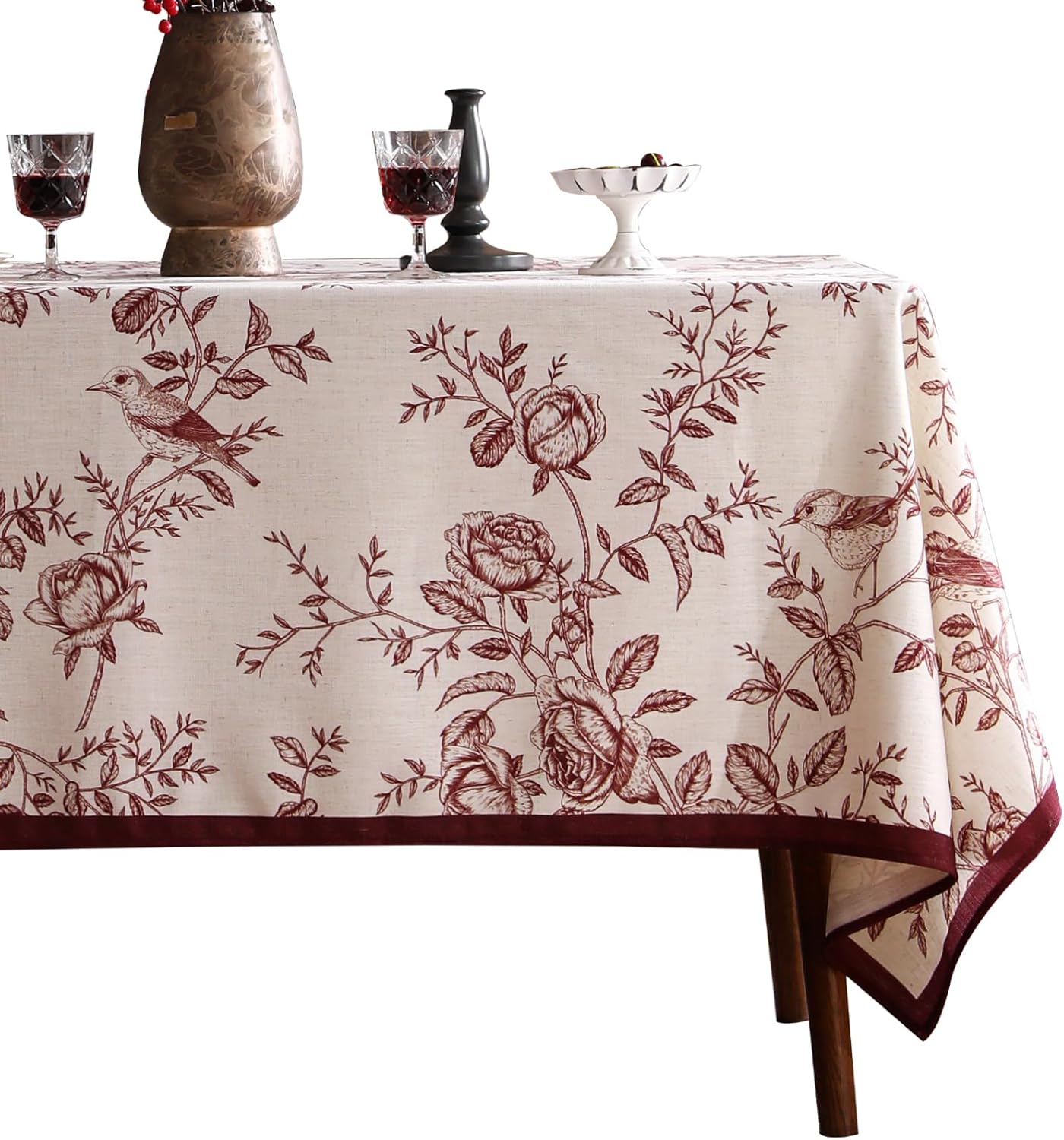 ISAENNE Designer Vintage Linen Square Tablecloth,Red Floral Pattern Linen Stain Resistant Table Cloth,Decor Tablecloths for Dining Thanksgiving Kitchen Christmas Party,67"*67"-Harmony