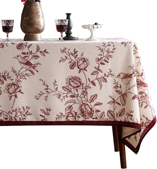 ISAENNE Designer Vintage Linen Long Tablecloth Rectangle,Red Floral Pattern Linen Stain Resistant Table Cloth,Decor Tablecloths for Dining Thanksgiving Kitchen Tea Party,63"*102"-Harmony