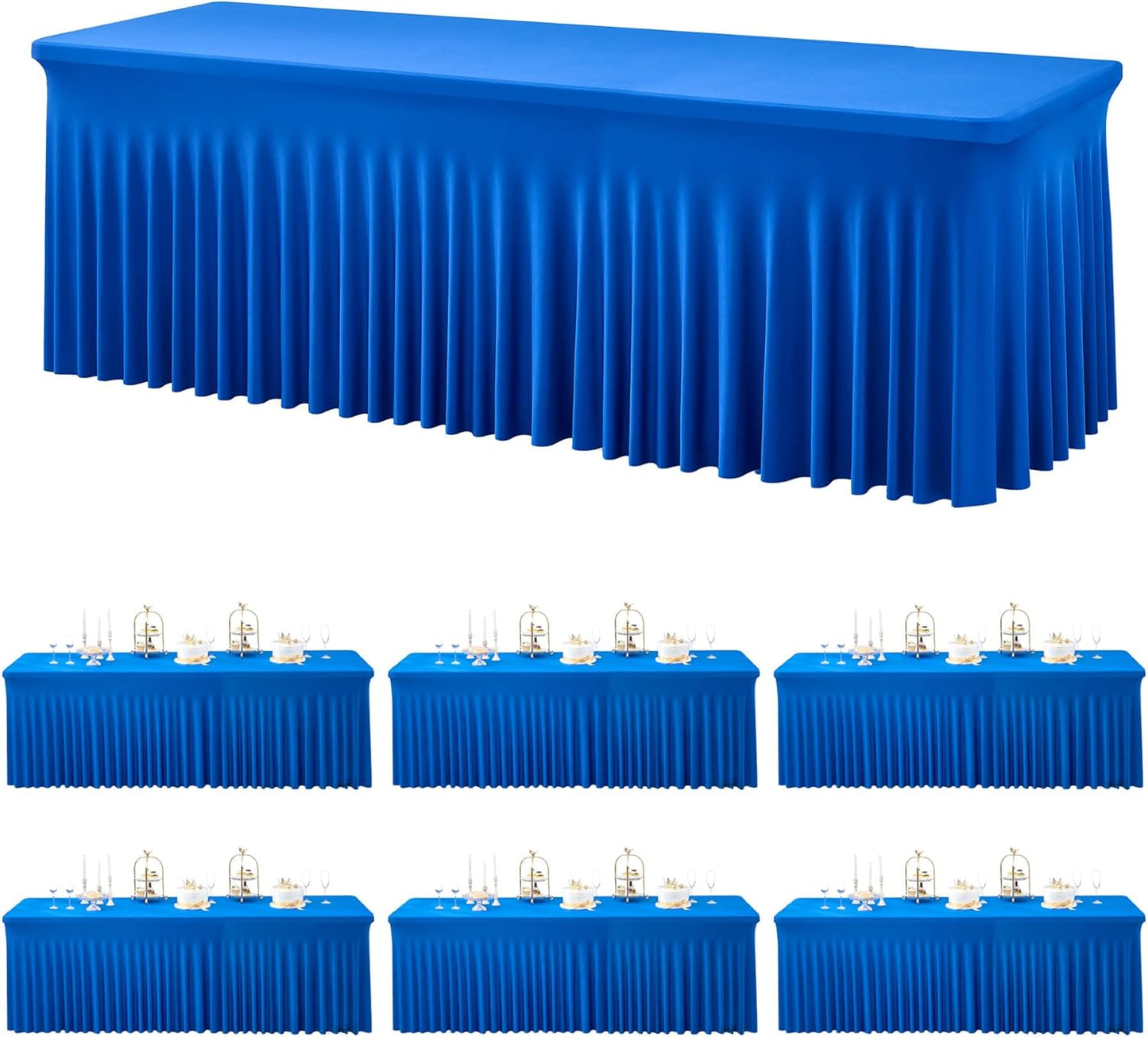 6 Pack Royal Blue Spandex Tablecloths for 8 Foot Rectangle Tables, Wrinkle Free Fitted Tablecover 8ft Stretchy Table Cloth with Skirt for Weddings Birthday Party Banquet Baby Shower