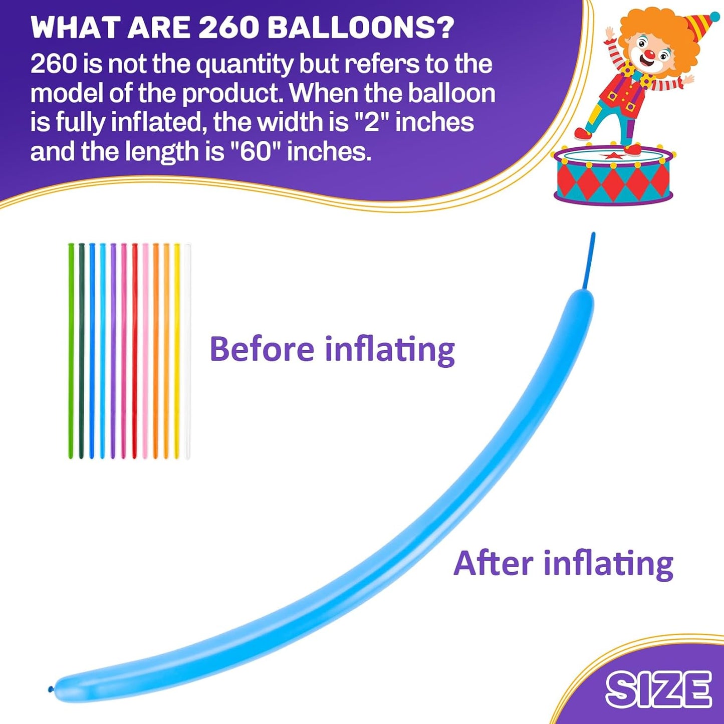 MAQIHAN 100 Long Balloons for Balloon Animals - 260 Long Skinny Balloons for Tying Balloon Arch Assorted Colors Globos Largos Clown Latex Twisting Birthday Wedding Carnivals Party Decoration