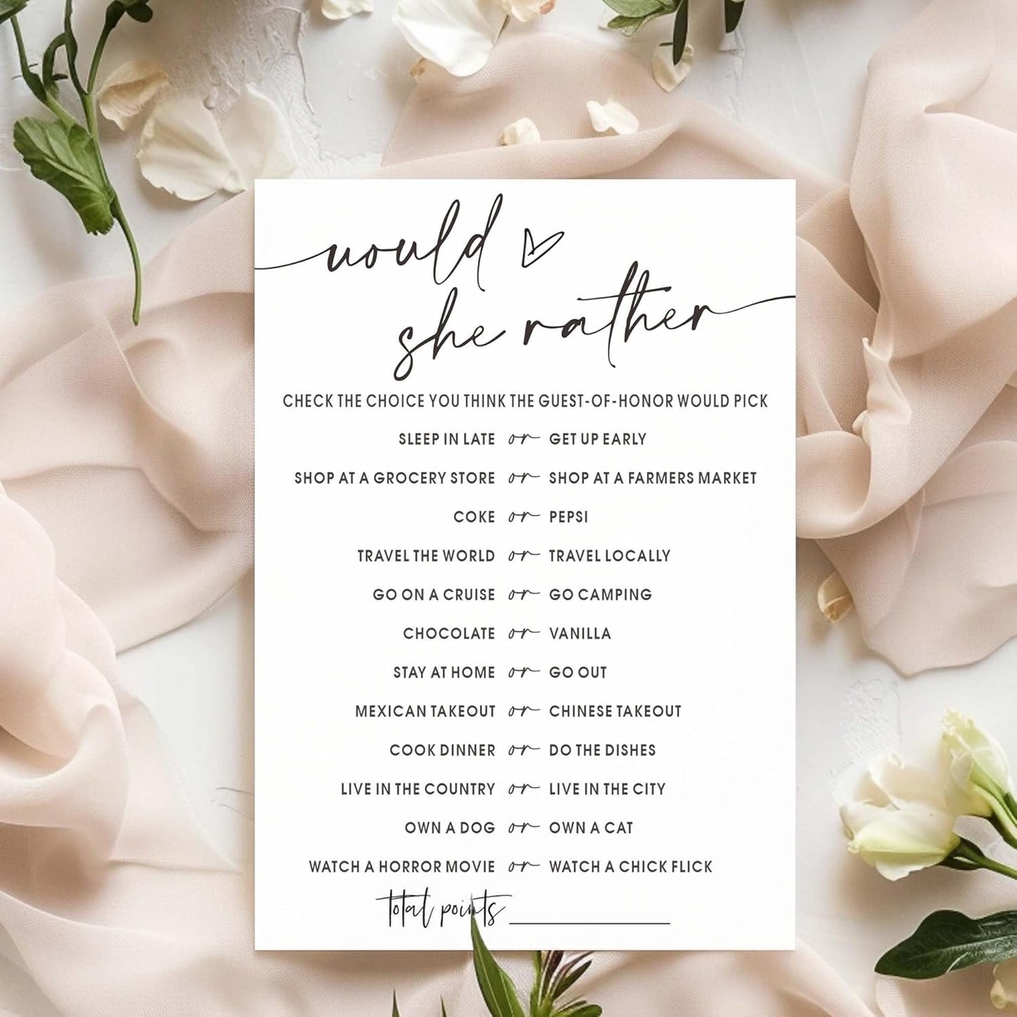 Wedding Shower Games Cards, Would She Rather Bridal Shower Game for 25 Guests, Engagement Party Wedding Games for Guests, Minimalist White Wedding Party Supplies - A11