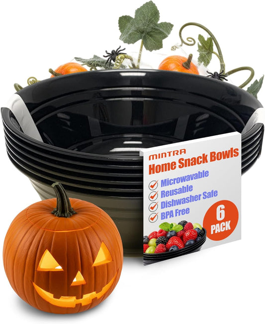 Mintra Home Snack Bowls – Party, Kitchen & Home Use – Ideal for Chips, Popcorn, Candy, Snacks & Cereals – Durable, Microwaveable, Dishwasher Friendly – Black, 7.87W x 3.25H 600ml (6 Pack)