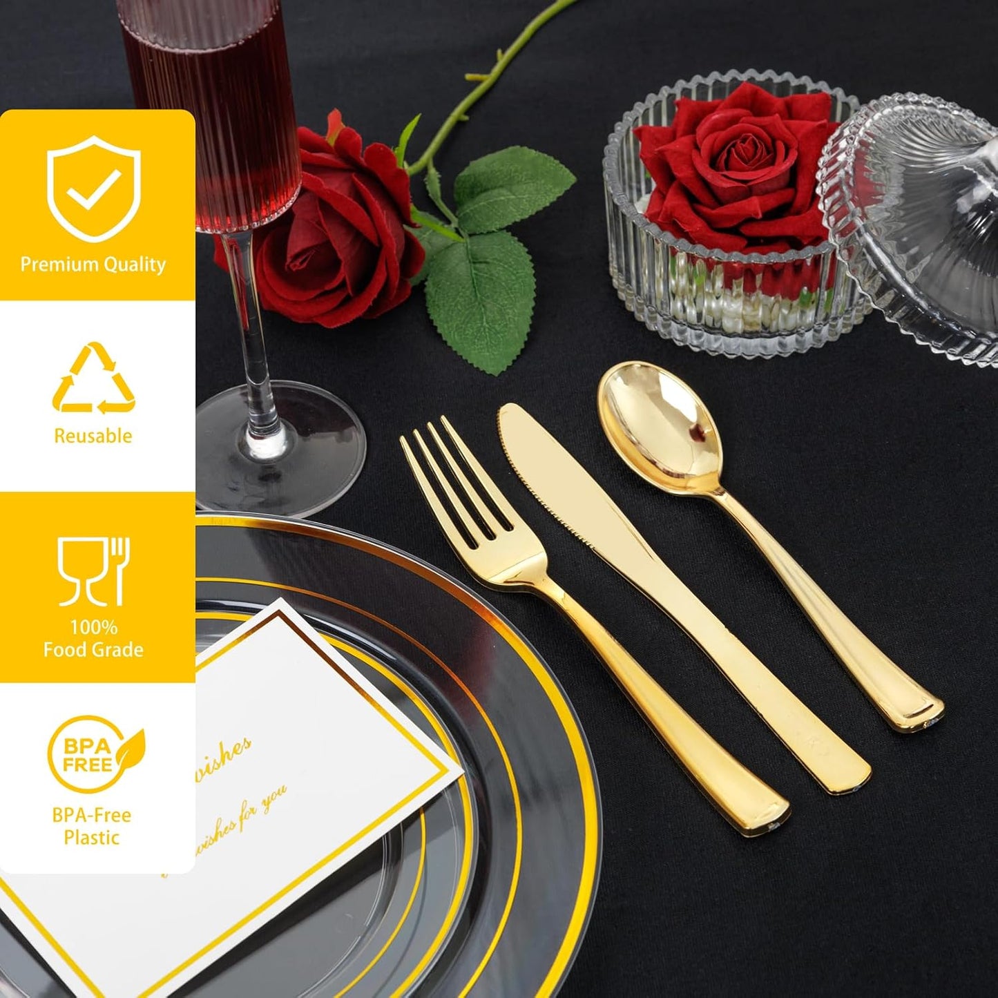 I00000 600Pcs Clear Gold Plastic Plates for 100 Guests, Plastic Dinnerware Set of 100 Gold Disposable Plates, 100 Dessert Plates, 200 Forks, 100 Knives and 100 Spoons Perfect for Party & Wedding